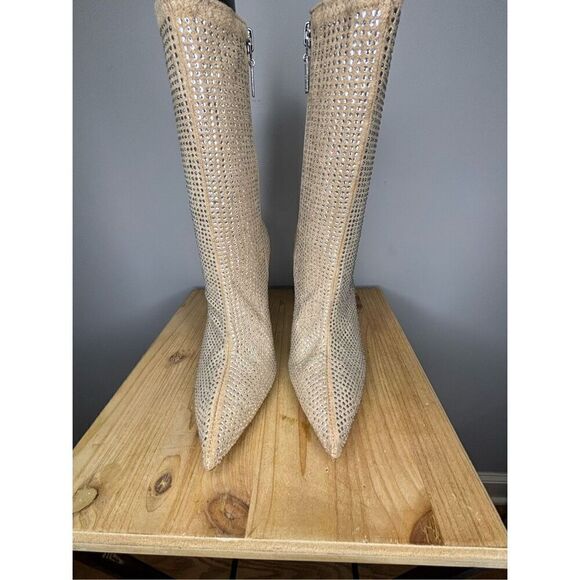 Schutz Women's Sybil Suede & Rhinestone Stilleto Heel‎ Mid-Calf Bootie Tan 9.5B - Picture 3 of 8